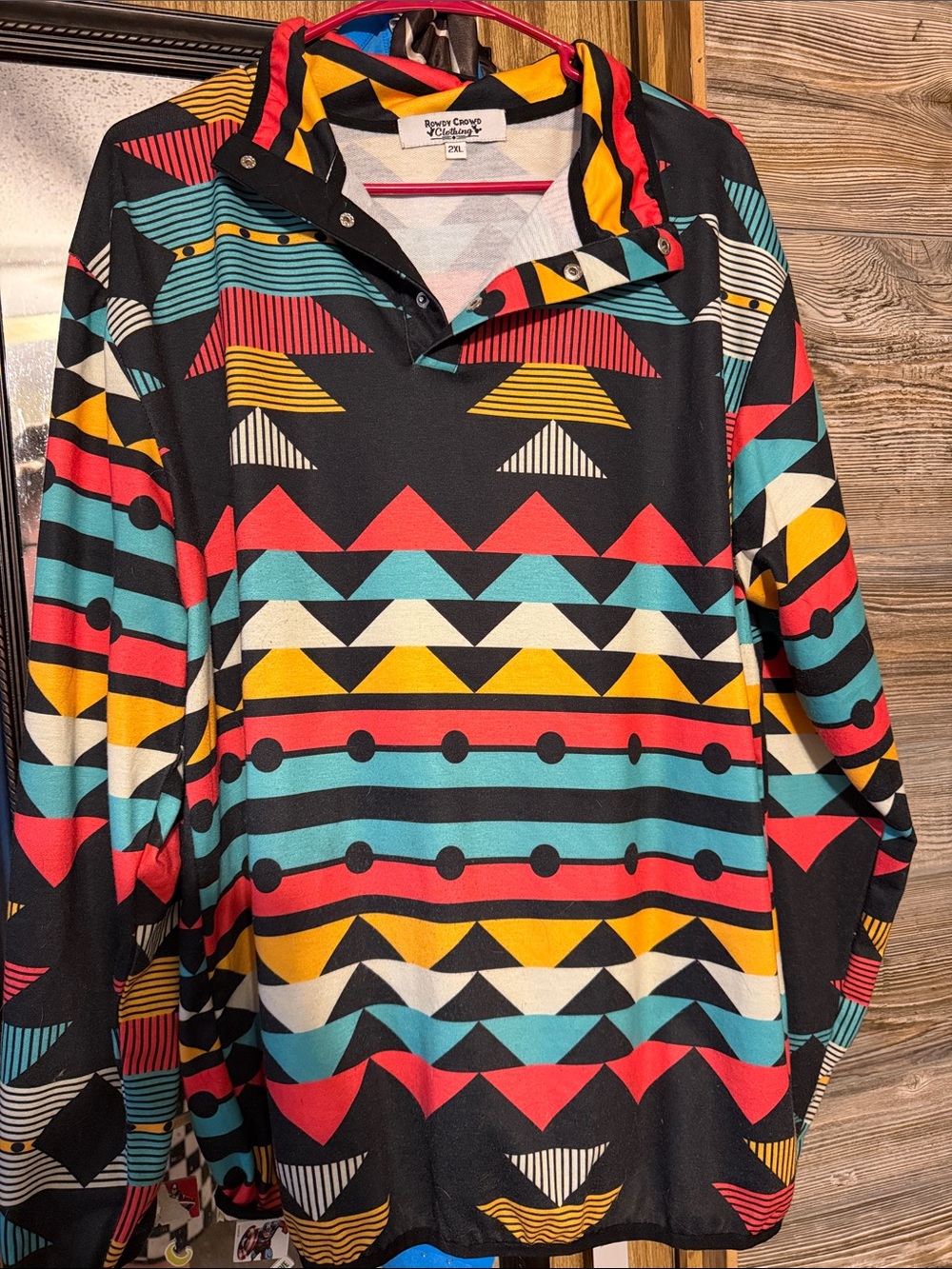 Boho Geo Snap-Neck Pullover Hoodie - Multi Color